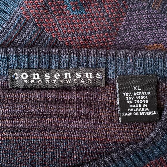 Wool Blend 90s Dark Academia Grandpa Sweater Artsy Geometric Jacquard Knit XL - Picture 3 of 10